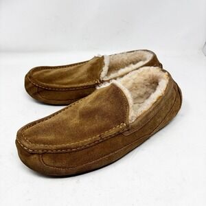 UGG Ascot Mens Chestnut Suede Sheepskin Lined Moccasin Slippers Size 11